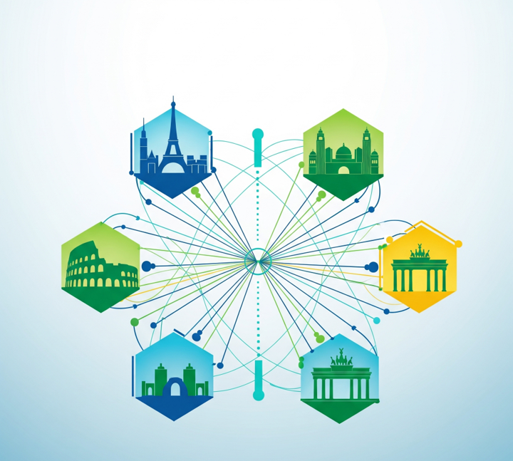 Grafika przedstawia sieć połączeń między sześcioma stylizowanymi symbolami miast europejskich (np. Wieża Eiffla, Koloseum, Brama Brandenburska) umieszczonymi w sześciokątnych kształtach, symbolizującą wymianę doświadczeń i współpracę między miastami.