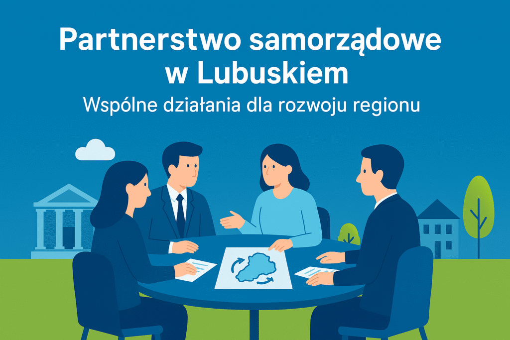 Grafika przedstawiająca cztery osoby symbolizujące współpracę samorządów w województwie lubuskim. W tle widać budynki urzędów i drzewa, a na środku znajduje się napis: Partnerstwo samorządowe w Lubuskiem. Wspólne działania dla rozwoju regionu.